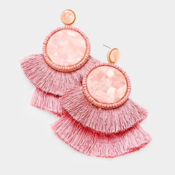 Pink Tassel Earrings Round Acrylic - Picture 4 of 5